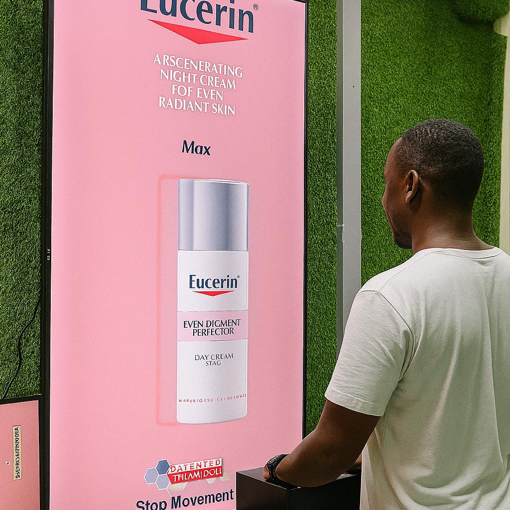 Guests playing Freeze the Frame interactive game at a corporate event in Dubai, focusing on screen visuals and pressing the button to stop the image at the perfect moment.